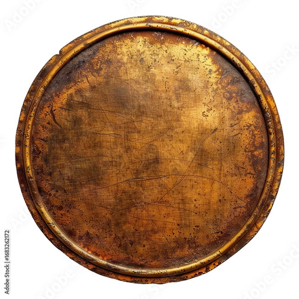 Fototapeta Vintage round golden nameplate with worn and scratched surface, isolated on transparent cutout background