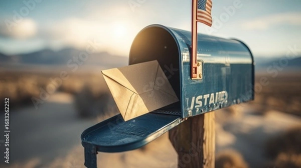 Fototapeta Mailbox standing in a rural area during sunset with a letter ready to be sent