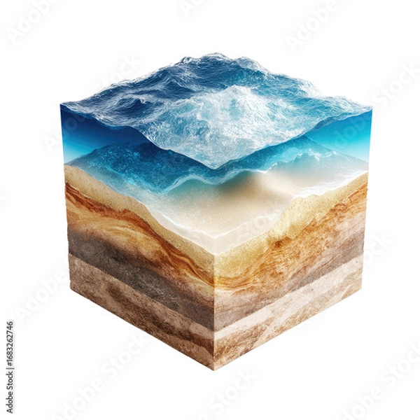 Fototapeta Abstract Representation of Earth Layers with Ocean Waves and Sandy Shoreline in a Cube Format