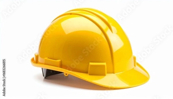 Fototapeta Yellow construction hard hat with glossy surface and black suspension system on white background symbolizing safety and industry