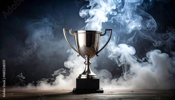 Fototapeta Silver trophy with handles on black base surrounded by swirling smoke on dark surface with dramatic lighting
