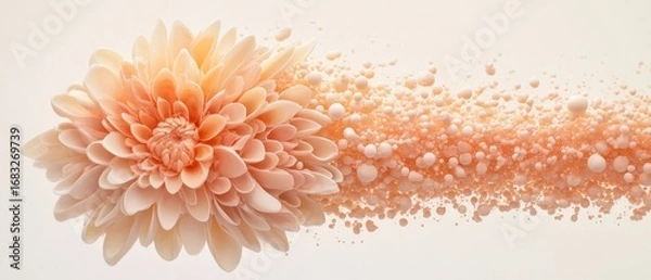 Fototapeta Peachy flower dissolving into many small spheres and particles against a soft neutral background, a transformation.