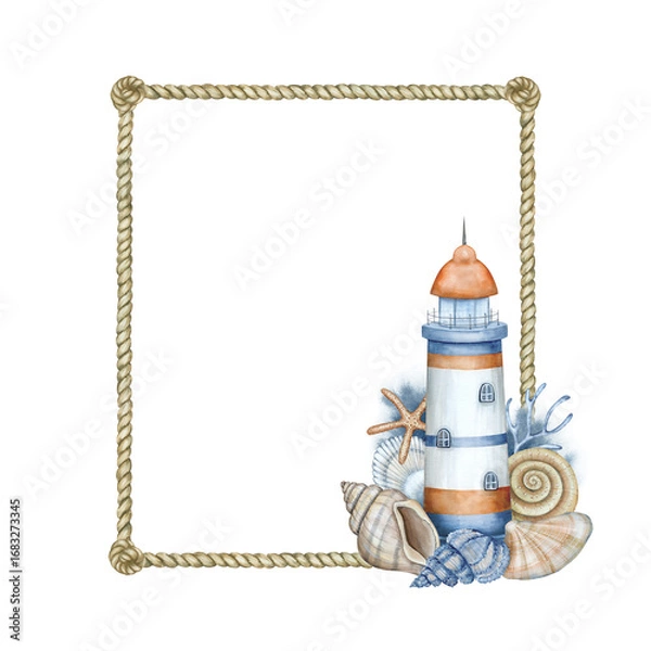 Fototapeta A rope frame in a nautical style with a lighthouse and seashells in beige, blue and red tones. Watercolor illustration for children's room, printing, packaging.
