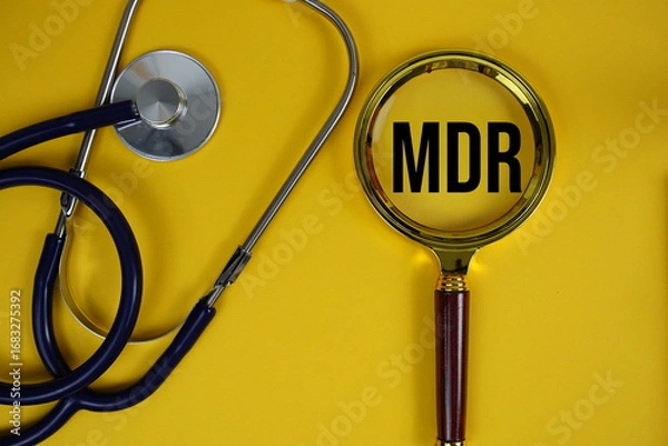 Obraz MDR Medical Device Regulation abbreviation of text with Stethoscope and magnifying glass flat lay on yellow background
