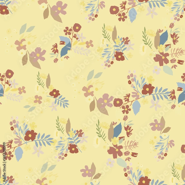 Obraz A seamless floral pattern featuring blooms and leaves on a light yellow background. Flower vector good for wrapping paper, textile print, fabric