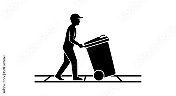 Fototapeta Silhouette of a waste collector wheeling a trash bin.