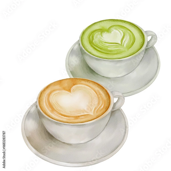Fototapeta Watercolor Illustration of Latte and Matcha Latte