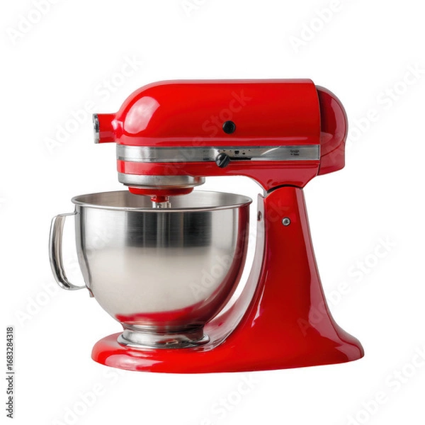 Fototapeta A vibrant red mixer rests gracefully on a pristine white tabletop [Transparent Background PNG]