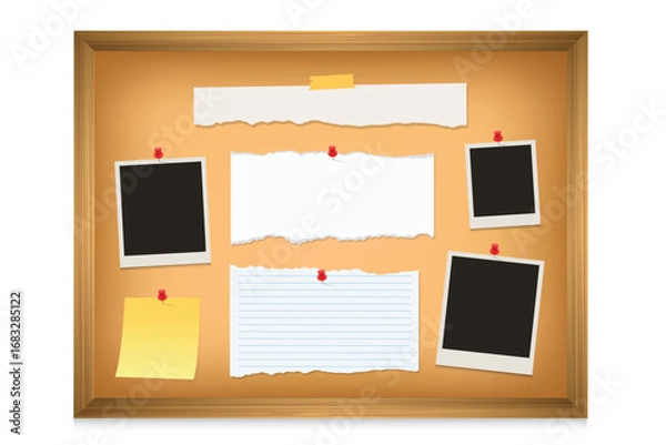 Fototapeta Bulletin board template with empty photo frame, blank paper and sticky notes Vector illustration	
