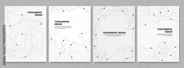 Fototapeta Vector illustration. Topographic concept. Set of minimal design banner for print. Black color lines on white background. Retro poster graphic. Map with marks and trails. Line art pattern design