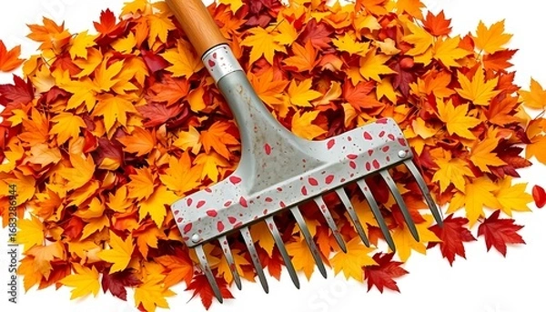 Fototapeta Fall leaves cleanup with rake, autumn yard work and seasonal gardening concept