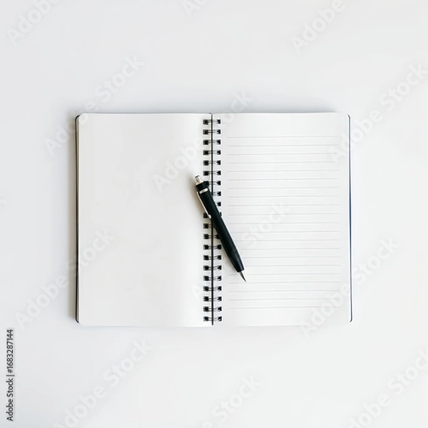 Fototapeta Open spiral notebook with blank pages and pen for writing notes and journaling