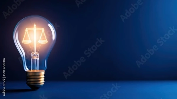 Fototapeta A glowing light bulb featuring a scale symbolizing justice, set against a dark blue background