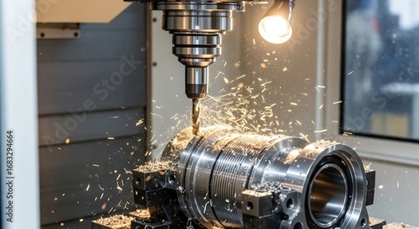 Fototapeta Close-up of a CNC milling machine cutting metal with sparks flying