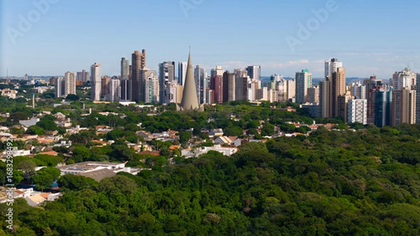 Fototapeta Aerial View of Maringa, Cathedral and downtown. Several buildings.