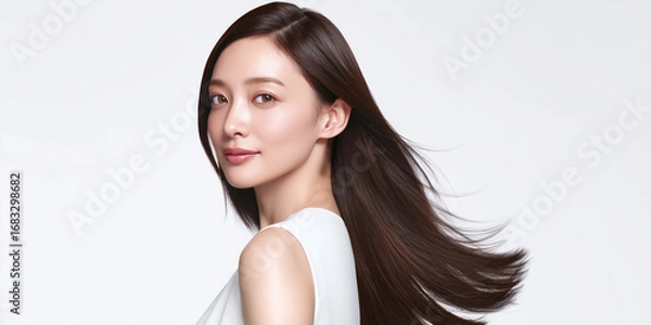 Obraz 白背景で髪がなびく美しいアジア人女性のポートレート　健康的で艶やかなロングヘアが際立つ若い女性モデル