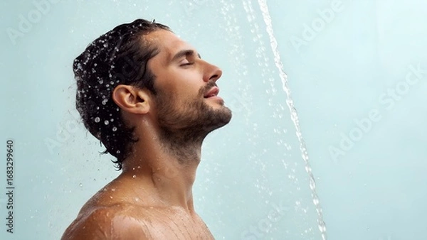 Fototapeta Man Showering Water Splashing on Face in Side View