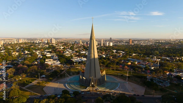 Fototapeta Aerial View of Maringa, Cathedral and downtown. Several buildings.