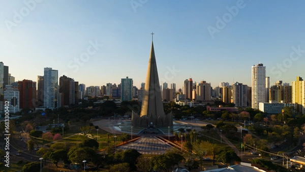 Fototapeta Aerial View of Maringa, Cathedral and downtown. Several buildings.