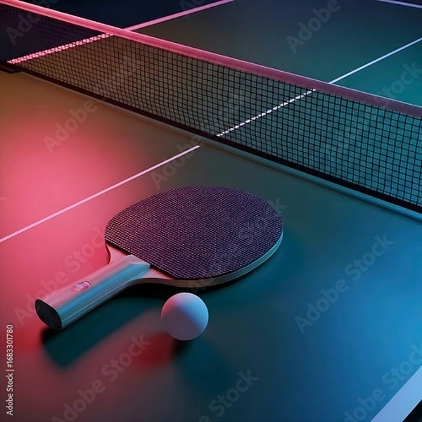 Fototapeta A table tennis setup with a racket and ball, highlighted with vibrant pink and blue neon lights.