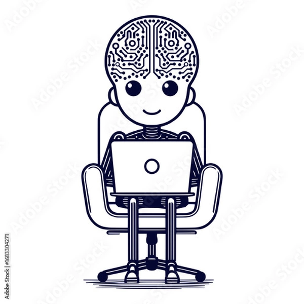 Obraz Simple vector line drawing of AI character with neural network head working on laptop in coworking environment, black and white minimalist illustration