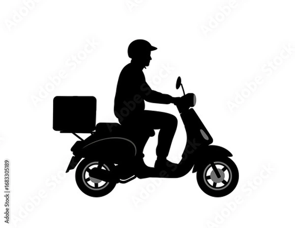 Fototapeta Silhouette of a delivery person on a scooter isolated on transparent background