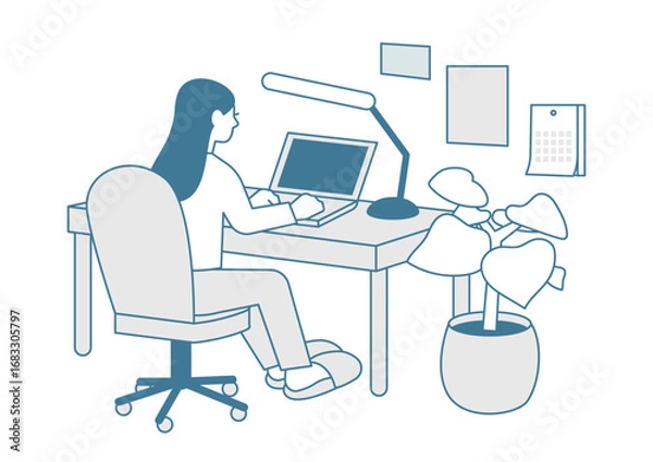 Obraz 在宅勤務する女性のイラスト｜パソコンで仕事をする在宅ワーカー