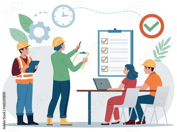 Fototapeta “Construction Workers Safety Training Illustration – Workplace Safety, Engineering Team Meeting, Occupational Health Checklist in Flat Vector Style”