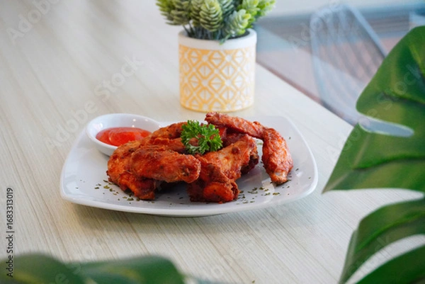 Fototapeta Spicy fried chicken served on a white plate with chili sauce and fresh herbs, presented on a wooden table with natural daylight. Authentic Indonesian comfort food concept featuring crispy chicken wing