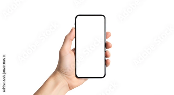 Fototapeta Hand holding a modern smartphone with a blank white screen isolated on transparent background