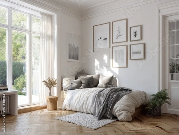 Obraz A bedroom with a bed, a rug, and a plant. The bed is covered with a white comforter and pillows