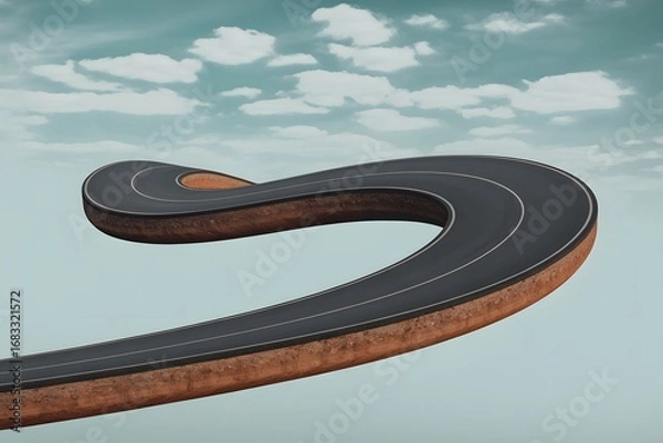Fototapeta Floating Winding Road Sections Suspended in Midair with Visible Earth Layers Against a Soft Cloudy Sky