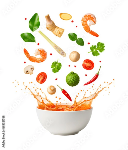 Fototapeta Essential isolated ingredients for Tom Yum soup, showcasing the vibrant, fresh herbs and spices that create this classic Thai hot and sour flavor.