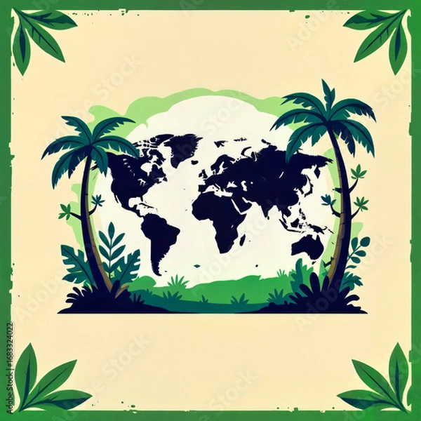 Fototapeta Tropical scene featuring a world map, inviting ambiance — serene mood