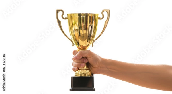 Obraz golden cup Winner prize trophy isolated holding background on a gold background.