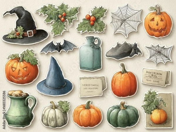Fototapeta A vintage collection of Halloween and autumn clip art elements. A set of isolated icons including a witch hat, pumpkins, bats, a skull, and flowers for scrapbooking or decoupage.