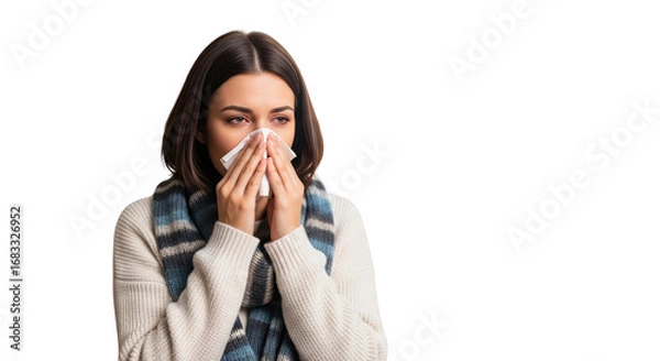 Obraz woman Cold with Tissue Woman nose illness tissue Tissue. cold Using blowing