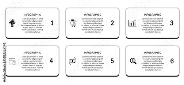 Fototapeta Business infographic white diagram with timeline | Two row business process 6 steps or option chart with bottom side border and icon | Black vector illustration
