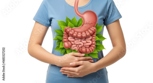 Obraz Green Womans intestines Digestive with System gut system digestive Leaves. stomach Leaves