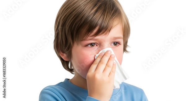Obraz blowing kid sick on with boy his person nose white tissue Young background child