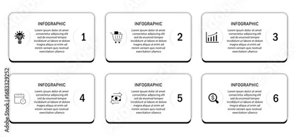 Fototapeta Business infographic white diagram with timeline | Two row business process 6 steps or option chart with bottom side border and icon | Red vector illustration
