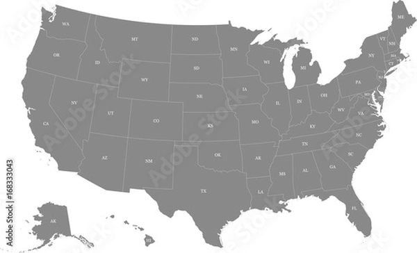 Fototapeta Map of the United States of America split into individual states. Displaying postal codes for each state.