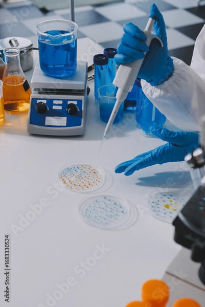 Fototapeta Collaboration, tablet or science with people in lab together for research or development. Innovation, tech and microscope with scientist team in clinical trial for planning or medical investigation