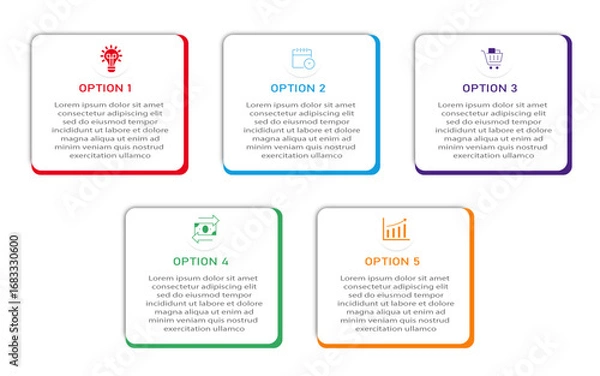 Fototapeta Business infographic white diagram with timeline | Two row business process 6 steps or option chart with two side border and icon | Colourful vector illustration
