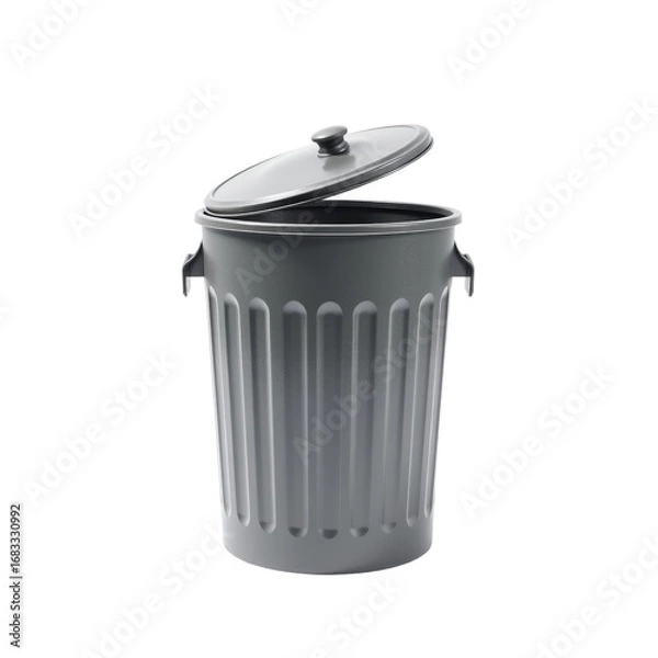 Fototapeta Isolated metal rubbish bin with open lid, gray color, cylindrical shape, classic design, clean, empty, transparency background