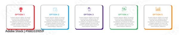 Fototapeta Business infographic white diagram with timeline | Business process 5 steps or option chart with two side border and icon | Modern vector illustration