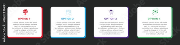 Fototapeta Business infographic white diagram with timeline | Business process 4 steps or option chart with two side border and icon | Black background vector illustration