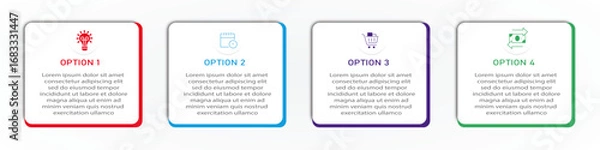 Fototapeta Business infographic white diagram with timeline | Business process 4 steps or option chart with two side border and icon | Modern vector illustration