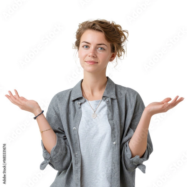 Fototapeta Woman with arms wide explaining idea isoleted on transparent background.