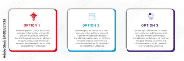 Fototapeta Business infographic white diagram with timeline | Business process 3 steps or option chart with two side border and icon | Red, blue, eminence vector illustration